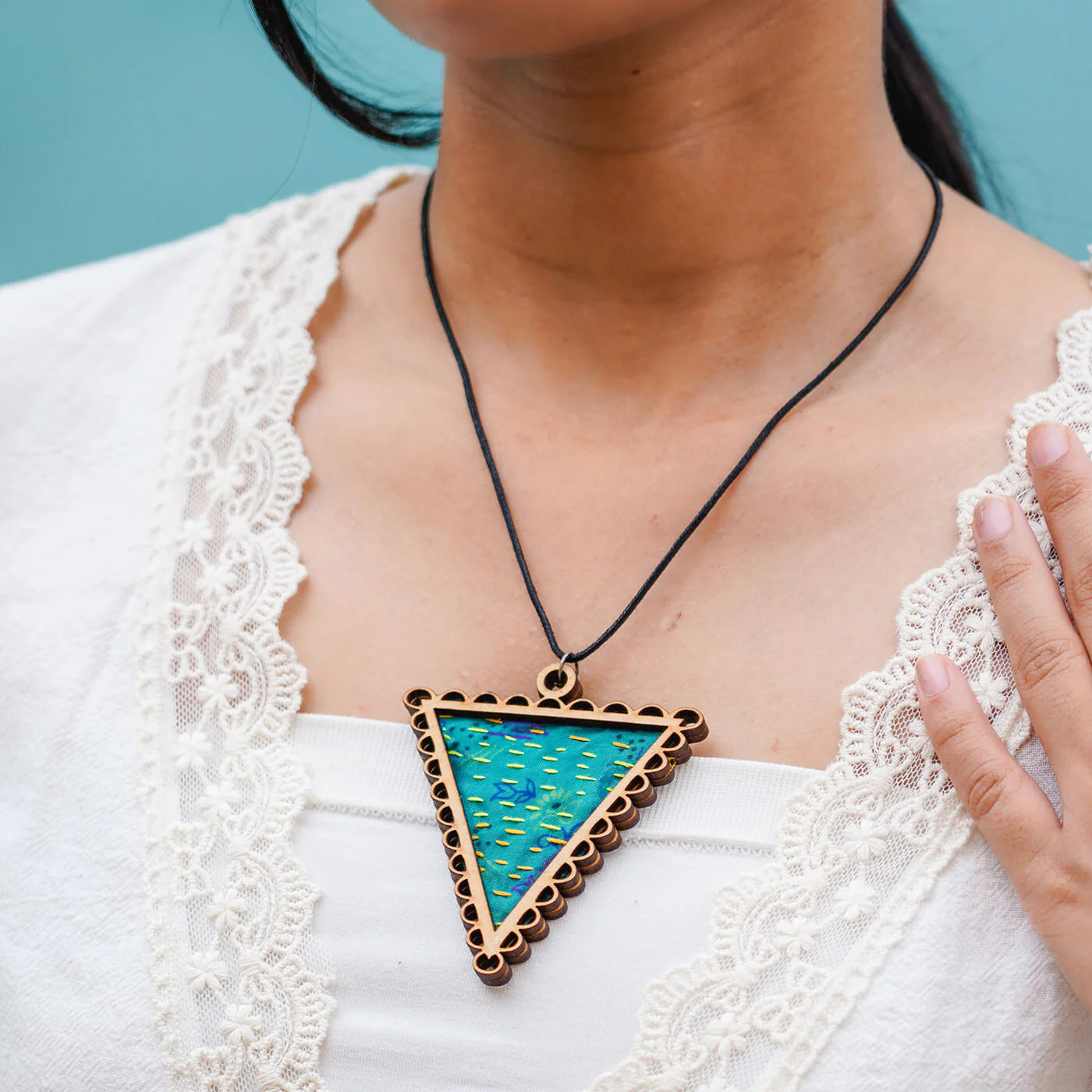 Wooden Framed Kantha Stitched Triangle Pendant
