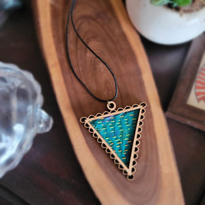 Wooden Framed Kantha Stitched Triangle Pendant