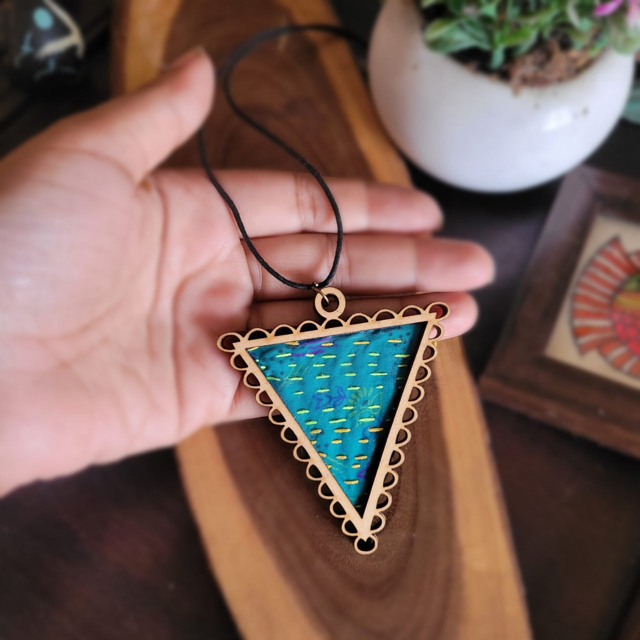 Wooden Framed Kantha Stitched Triangle Pendant